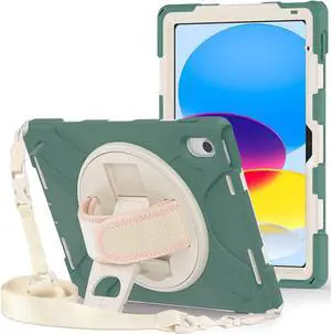 iPad 10th Generation Case 10.9'' 2022 New Released, iPad 10th Generation 10.9 Rugged Shockproof Case with Pencil Holder Kickstand Hand Strap and Shoulder Strap, Emerald Green