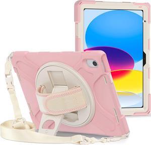 iPad 10th Generation Case 10.9'' 2022, iPad 10th Gen 10.9 Rugged Shockproof Protective Case with Pencil Holder Kickstand Hand Strap and Shoulder Strap, Sakura Pink