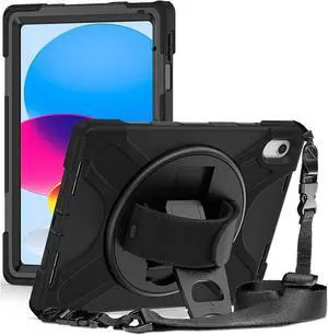 iPad 10th Generation Case 10.9'' 2022 New Released, iPad 10th Generation 10.9 Rugged Shockproof Protective Case with Pencil Holder Kickstand Hand Strap and Shoulder Strap, Black