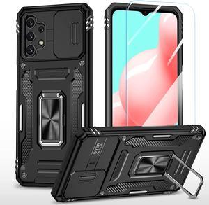 Rugged Case for Samsung Galaxy A32 5G with Tempered Glass Screen Protector Slide Camera Cover  Kickstand Dual Layer Military Grade Protective Case compatitable with Magnetic Holder Black