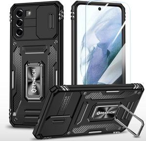 Rugged Case for Samsung Galaxy S21 FE with Tempered Glass Screen Protector, Slide Camera Cover & Kickstand, Dual Layer Military Grade Protective Case compatitable with Magnetic Holder, Blac