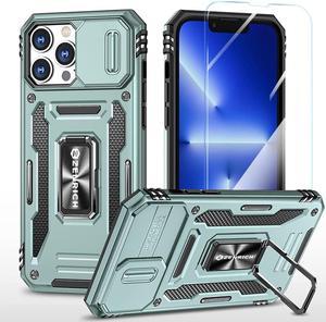 Rugged Case for iPhone 13 Pro Max with Tempered Glass Screen Protector, Slide Camera Cover & Kickstand Military Grade Drop Proof Case Compatitable with Magnetic Holder, Alpine Green