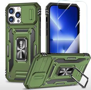 Rugged Case for iPhone 13 Pro with Tempered Glass Screen Protector, Slide Camera Cover & Kickstand Military Grade Drop Proof Case Compatitable with Magnetic Holder, Olive Green