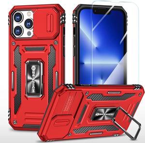 Rugged Case for iPhone 13 Pro with Tempered Glass Screen Protector, Slide Camera Cover & Kickstand Military Grade Drop Proof Case Compatitable with Magnetic Holder, Red