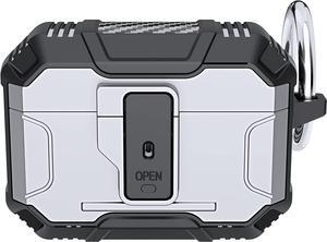 One Key Pop-up Airpods Pro 2nd Generation Case, Full-Body Hard Shell Protective Rugged Charging Cover Case with Keychain for AirPods, Front LED Visible,Silver