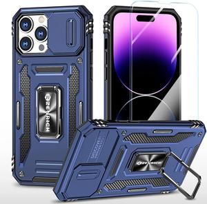 Rugged Case for iPhone 14 Pro Max with Tempered Glass Screen Protector, Slide Camera Cover & Kickstand, Military Grade Drop Proof Case Compatitable with Magnetic Holder, Navy Blue