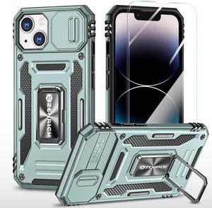 Rugged Case for iPhone 14 Max with Tempered Glass Screen Protector, Slide Camera Cover & Kickstand, Military Grade Drop Proof Case Compatitable with Magnetic Holder, Alpine Green