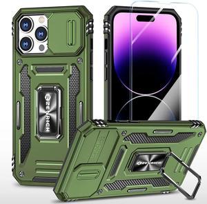 Rugged Case for iPhone 14 Pro Max with Tempered Glass Screen Protector, Slide Camera Cover & Kickstand, Military Grade Drop Proof Case Compatitable with Magnetic Holder, Olive Green