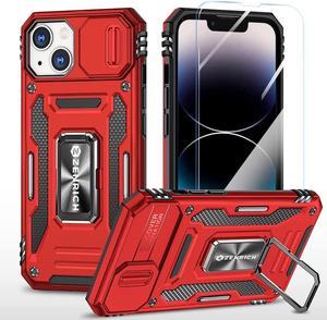 Rugged Case for iPhone 14 Max with Tempered Glass Screen Protector, Slide Camera Cover & Kickstand, Military Grade Drop Proof Case Compatitable with Magnetic Holder, Red