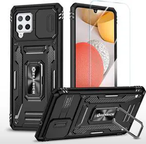 Rugged Case for Samsung Galaxy A42 5G with Tempered Glass Screen Protector, Slide Camera Cover & Kickstand Samsung A42 Case with Military Grade Protective Magnetic Holder, Black