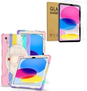 Bundle-iPad 10th Generation Case 10.9'' 2022 New Released with Tempered Glass Screen Peotector, Colorful Pink