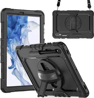 Galaxy Tab S8 Plus/ S7 FE/S7 Plus 12.4 inch Case, Rugged Case with Stand Hand Strap and Shoulder Belt for SM-X800/X805/T730/T735/T736/T970/T975,Black