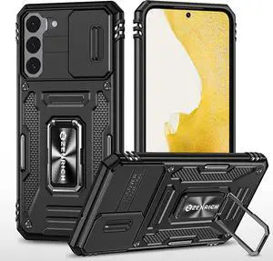 Rugged Case for Samsung Galaxy S22 with Slide Camera Cover & Kickstand, Dual Layer Military Grade Protective Case compatitable with Magnetic Holder, Black