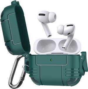 New Airpods Pro Case, Anti Lost Buckle Full-Body Hard Shell Protective Rugged Charging Cover Case with Keychain for AirPod Pro 2019, Front LED Visible,Dark Green