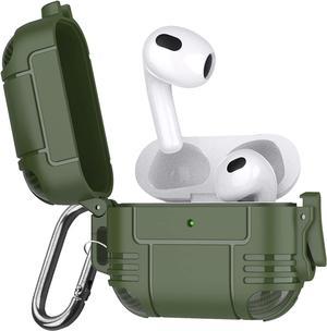 New Airpods Pro Case, Anti Lost Buckle Full-Body Hard Shell Protective Rugged Charging Cover Case with Keychain for AirPod Pro 2019, Front LED Visible,Army Green