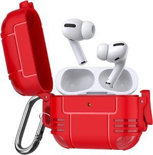 New Airpods Pro Case, Anti Lost Buckle Full-Body Hard Shell Protective Rugged Charging Cover Case with Keychain for AirPod Pro 2019, Front LED Visible,Red