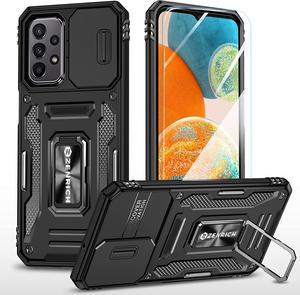 Rugged Case for Samsung Galaxy A23 with Tempered Glass Screen Protector, Slide Camera Cover & Kickstand, Dual Layer Military Grade Protective Case compatitable with Magnetic Holder, Black