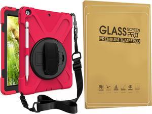 Bundle-iPad 8th/7th Generation 10.2 Case with Tempered Glass Screen Protector Pencil Holder Kickstand Hand Strap and Shoulder Strap, Red