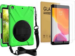 Bundle-iPad 8th/7th Generation 10.2 Case with Tempered Glass Screen Protector Kickstand Hand Strap and Shoulder Strap, Black