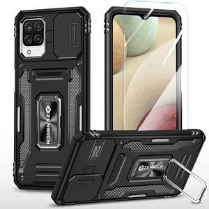 Rugged Case for Samsung Galaxy A12/M12/F12 with Tempered Glass Screen Protector, Slide Camera Cover & Kickstand, Dual Layer Military Grade Case compatitable with Magnetic Holder, Black