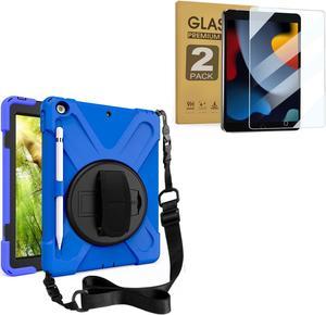 iPad 10.2 inch Rugged Case Blue and 2 Pack Anti Blue Light Tempered Glass Screen Ptotector(iPad 9th/8th/7th Generation)