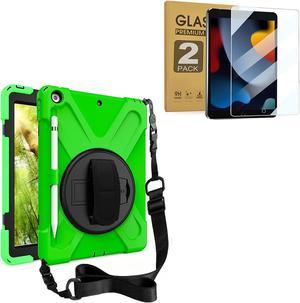 iPad 10.2 inch Rugged Case Green and 2 Pack Anti Blue Light Tempered Glass Screen Ptotector(iPad 9th/8th/7th Generation)