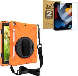 iPad 10.2 inch Rugged Case Orange and 2 Pack Anti Blue Light Tempered Glass Screen Ptotector(iPad 9th/8th/7th Generation)