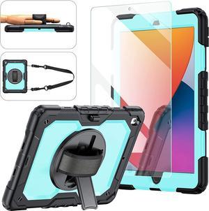 iPad 9th/8th/7th Generation Case, iPad 10.2 Case 2021/2020/2019, [Kid Proof] Drop Proof Case with 9H Screen Protector, Rotatable Kickstand & Hand Strap, Shoulder Strap (Sky Blue & Black)