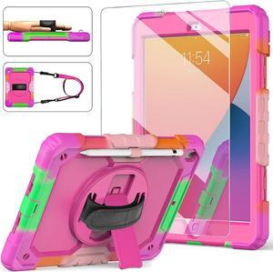 iPad 9th/8th/7th Generation Case, iPad 10.2 Case 2021/2020/2019, [Kid Proof] Full Body Protective Case with 9H Tempered Glass Screen Protector, 360° Rotatable Kickstand & Hand Strap (Pink)