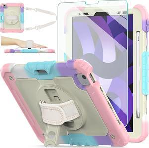 iPad Air 5th/4th Generation Case 2022/2020, iPad Pro 11 Case, [Shockproof] Full Body Protective Case with 9H Tempered Glass Screen Protector, Rotatable Kickstand & Hand Strap (Light Pink)