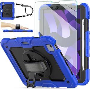 iPad Air 5th/4th Generation Case 10.9'' 2022/2020, [Kids Proof] Full Body Protective Case with 9H Tempered Glass Screen Protector, 360° Rotatable Kickstand/Hand Strap, Shoulder Strap (Blue)