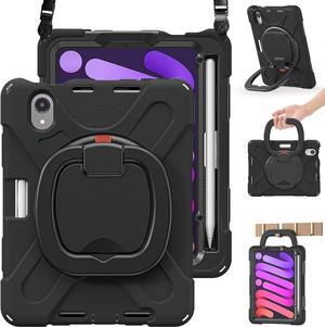 Kids Case for New iPad Mini 6th Generation 2021 8.3 Inch, Silicone Cover with Pencil Holder[Supports 2nd Gen Pencil Charging], Kickstand, Handle Grip, Shoulder Strap for iPad Mini 6 2021, Black