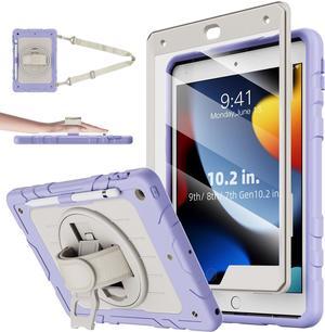 iPad 9th/8th/7th Generation Case-Built-in Screen Protector,Shockproof with Pencil Holder Rotating Hand Strap&Stand Shoulder Strap,Case for iPad 10.2 inch Tablet Cover 2021/2020/2019