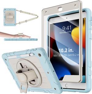 iPad 9th/8th/7th Generation Case-Built-in Screen Protector, Shockproof with Pencil Holder 360° Rotating Hand Strap&Kickstand, Shoulder Strap, for iPad 10.2 inch Case 2021/2020/2019(Green/Beige