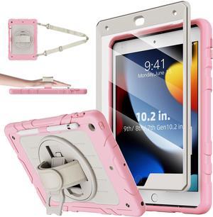 iPad 9th/8th/7th Generation Case-Built-in Screen Protector, Shockproof with Pencil Holder 360° Rotating Hand Strap&Kickstand, Shoulder Strap, for iPad 10.2 inch Case 2021/2020/2019