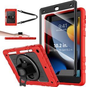 iPad 9th/8th/7th Generation Case-Built-in Screen Protector, Shockproof with 360° Rotating Hand Strap&Kickstand, Shoulder Strap, for iPad 10.2 inch Case 2021/2020/2019