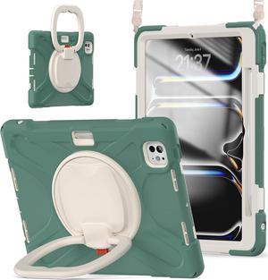 Case for iPad Pro 11 Inch M4 2024 5th Generation (Model: A2836, A2837, A3006) with Built-in Screen Protector, Pencil Holder, 360° Rotating Handle Grip, Adjustable Shoulder Strap, Green