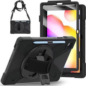 for  Galaxy Tab S6 Lite Case 10.4 Inch 2024/2022/2020 with Screen Protector/Rotating Stand&Hand Strap/S Pen Holder | Shockproof Case for Galaxy Tab S6 Lite (SM-P620/P610/P613/P615)-Black