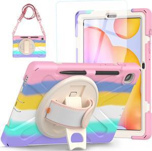 Galaxy Tab S6 Lite Case 10.4 Inch for Kids Girls 2024 2022 2020 SM-P620/P625/P610/P615/P613/P619, Shockproof Case with Screen Protector Pen Holder Swivel Stand Hand Strap | Rainbow Pink