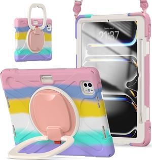 for iPad Pro 11 Inch Case M4 2024 for Kids Girls with Screen Protector, Rugged Shockproof Case with Pencil Holder+Stand+Handle Grip+Strap for iPad Pro 11" 5th Gen, Rainbow