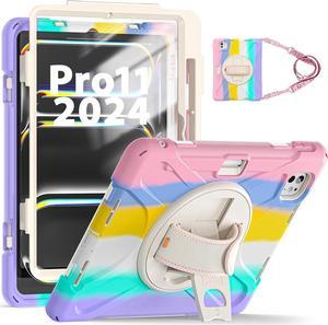 Case for iPad Pro 11 inch (M4) Case 2024 5th Generation, Colorful Cute Kids Girls Case with Pencil Holder Screen Protector, 360° Rotate Stand Case with Shoulder Strap, Pink