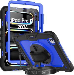 Case for iPad Pro 11 Inch 5th Generation 2024 with Screen Protector | Full-Body Silicone Protective Case W/360 Rotating Stand Hand Strap Shoulder Strap for iPad Model A2836/A2837/A3006 | Blue