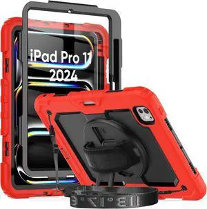 iPad Pro 11 Inch M4 Case 2024 for Kids with Screen Protector Pen Holder | Heavy Duty Shockproof Cover W/Stand Hand Strap Shoulder Strap for iPad Pro 11'' Model A2836/A2837/A3006 | Red