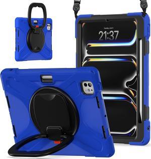 for iPad Pro 11 inch Case (2024) M4 Chip Model A2836/A2837 Heavy Duty Rugged Durability Silicone Tablet Cover with 360° Rotating Ring Foldable Kickstand & Shoulder Strap, Blue