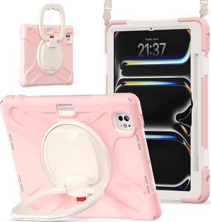 for iPad Pro 11-inch Case (2024) M4 Chip Model A2836 Heavy Duty Rugged Durability Silicone Tablet Cover with 360° Rotating Ring Foldable Kickstand & Shoulder Strap, Pink