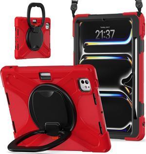 for iPad Pro 11 inch Case (2024) M4 Chip Model A2836/A2837 Heavy Duty Rugged Durability Silicone Tablet Cover with 360° Rotating Ring Foldable Kickstand & Shoulder Strap, Red