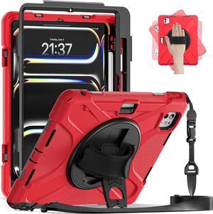 Case for iPad Pro 13-inch (2024) M4 Chip Model A2925/A2926 Heavy Duty Rugged Durability Silicone Tablet Cover with 360° Rotating Hand Strap Foldable Hidden Stand & Shoulder Strap, Red