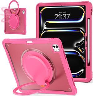 iPad Pro 13 inch Case 2024 M4 Chip Lightweight Dual-Layer Protective Tablet Cover, Durable Shock-Absorbing Corners with 360° Rotating Retractable Kickstand Ring Built-in Pen Slot, Pink