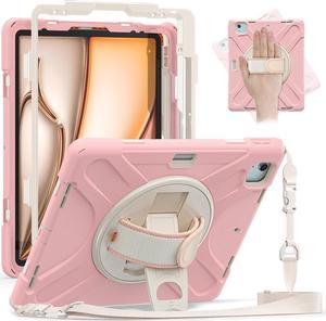 Case for iPad Air 13-inch (2024) M2 Chip Model A2898 Heavy Duty Rugged Durability Silicone Tablet Cover with 360° Rotating Hand Strap Foldable Hidden Stand & Shoulder Strap, Pink