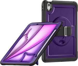 Case for iPad Air (2024) 11-inch M2 Chip Multilayered Rugged Durable Shockproof Tablet Cover with 360° Rotating Hand Strap Foldable Hidden Stand, Purple